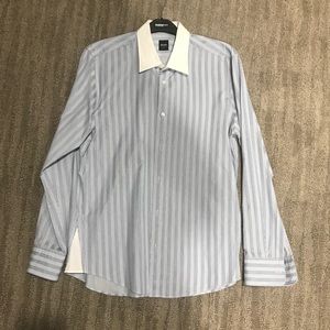 Men’s BOSS shirt- white collar- blue striped